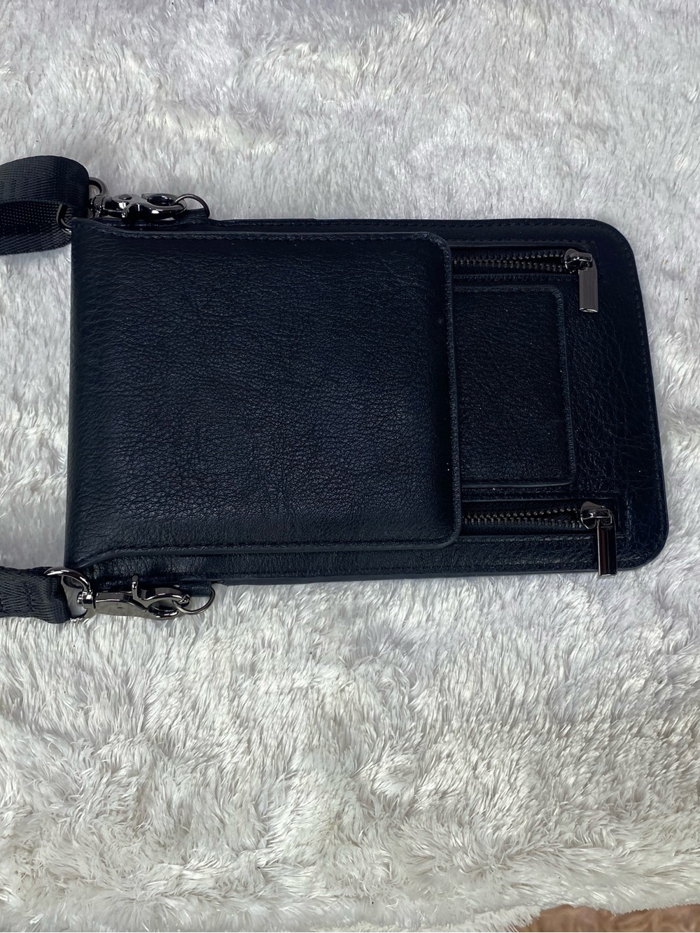 Woman’s  Black Leather Crossbody Phone Bag - Compact Everyday Organizer